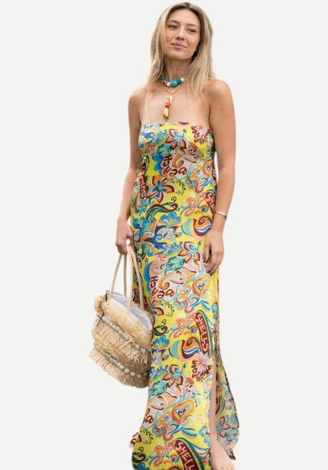 THE EMORY STRAPLESS DRESS, SWIRLY SHELLS