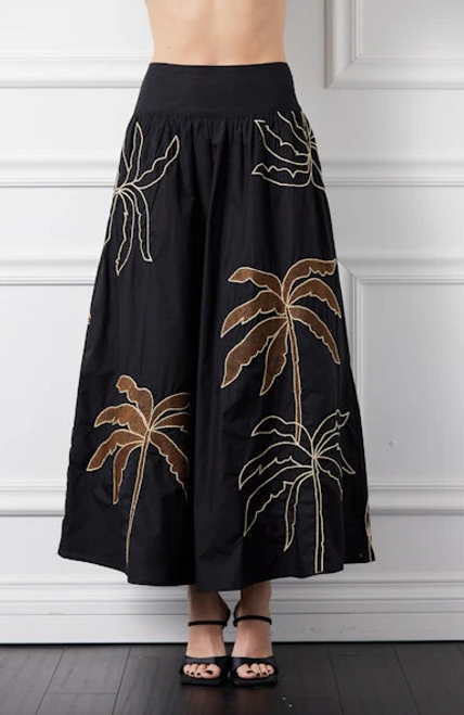 EMBROIDERED PALM TREE SKIRT, BLACK/BROWN