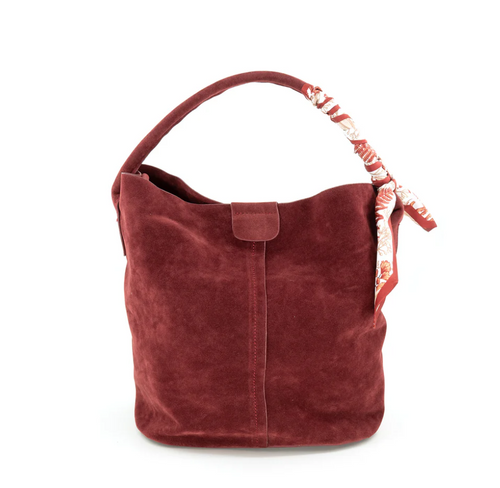 SUEDE BUCKET BAG, BURGUNDY SUEDE BUCKET BAG, BURGUNDY