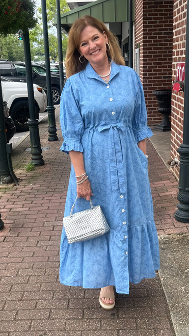 CATHERINE DRESS, BLUE MICRO QUAIL