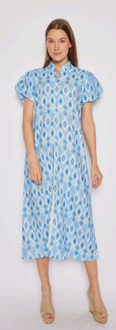 PUFF SLEEVE BUTTON MIDI, BLUE IKAT