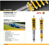 Ohlins Road & Track Suspension Kit - 997 C4, Targa 4, 997 Turbo/S

> DFV (Dual Flow Valve)
> McPherson strut FRONT
> Conventional shock absorber REAR
> Single bleed adjuster
> Height adjustable (approx. 35 mm lower than standard)
> Coil springs (70 N/mm) FRONT
> Coil springs (120 N/mm) REAR
> Use with original top mounts
> Rebuildable
> Corrosion salt spray tested (ISO 9227)
> 2 year limited warranty
> Cancellation kit available. 
> TÜV approved application