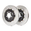 The Girodisc system is a direct replacement for the OE disc with the addition of our provided caliper spacers.  Our rotor is slightly larger than the OEM rotor at 350mm versus 340mm providing greater braking force and cooling capacity.  The Girodisc front rotors are approx 21.0 lbs vs. 24.4 lbs. for the stock units. This reduction in rotational and unsprung weight allows for quicker acceleration and suspension response. 

The central hat section of our rotor is made from strictly U.S. sourced 6061-T6 aircraft specification aluminum.  The disc is made from our own proprietary cast iron, poured in the USA and machined from start to finish in house at Girodisc.  The rotor utilizes a curved vane design, developed in racing to act as a centrifugal pump to force cooling air through the disc.

The rotor and hat have a floating mount system, which utilizes 10 high strength alloy steel drive pins, manufactured by Girodisc in the USA to our own specifications and cadmium plated for a long lasting corrosion resistance. These pins take the load from braking actions while maintaining the axial and radial float between the hat and disc. The pins are secured by class 12.9 cap screws with hardened washers. In order to keep the rotors from making noise when cold, the pins are mounted with anti-noise spring washers on the rotor side which allow the rotor to grow with heat expansion but eliminate the rattle and noise associated with floating rotors. This float also allows the rotor to self center between the pads.

Once the Girodisc system is in place, simply replace the cast iron rotor when needed.

Sold/priced in pairs.