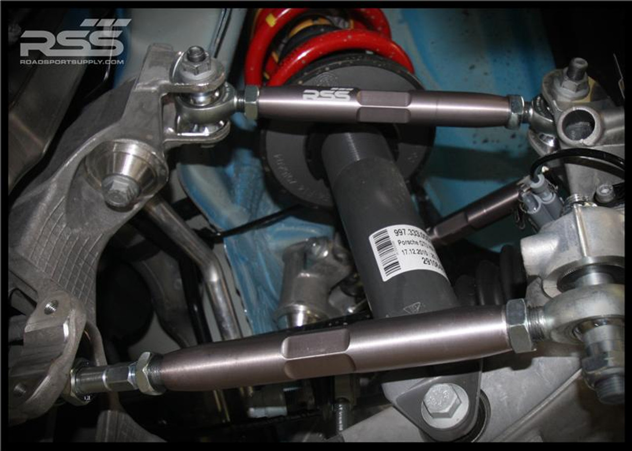 996 & 997 ADJUSTABLE REAR LINK KIT (DOGBONES) Set of 4. The RSS Adjustable Rear Link Kit is the proper way to correct the rear suspension geometry of lowered 996 and 997 models when necessary. Greatly improves handling and feedback by removing rubber bushing deflection. Lowered vehicles with stock links may have additional negative camber in the rear which can prematurely wear out rear tires as the factory eccentric bolts do not offer enough adjustment to properly re-align the car to desired specifications. Vehicles that have not been lowered can also benefit from these components and experience better handling and control.
AVAILABLE FOR ALL PORSCHE® 996 & 997 MODELS INCLUDING TURBO & GT3/GT3RS
For off road use only.