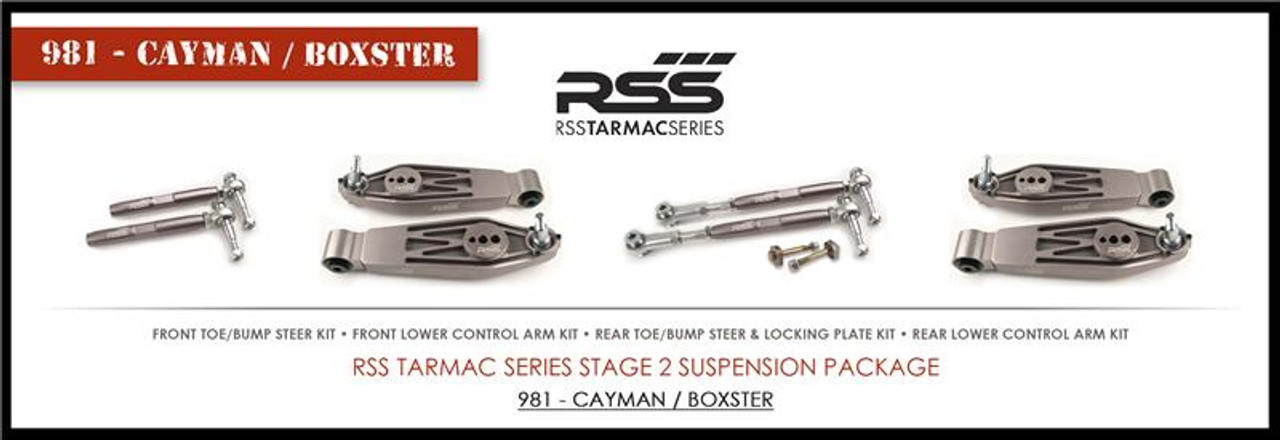 RSS Part # TS-2BC-981/982-718 Tarmac Stage 2 Suspension Kit for Boxster / Cayman. "Winner of 2015 PIRELLI WORLD CHALLENGE TC CHAMPIONSHIP, 2013 ROLEX GRAND-AM GX CHAMPIONSHIP". “Results Matter…not hype” RSS Tarmac Stage 2 Suspension System (TS-2 or TS-2-BC) the most rigorously engineered, tested, validated, motorsport homologated aftermarket suspension system available for your Porsche....Period! RSS TARMAC SERIES Motorsports Suspension Kits have been winning championships, races and setting track records in various forms of motorsport (Sports Car Racing, Endurance Racing and Rally) around the world. RSS is the suspension of choice of professional race teams, tuners, track day junkies, and driving enthusiasts around the world. - 2013 ROLEX GRAND-AM GX CHAMPIONS - 2014 PIRELLI GT3 CUP TROPHY USA –- 2014 FiA – SPANISH RALLY TARMAC CHAMPIONS - 2015 PIRELLI WORLD CHALLENGE TC CHAMPIONS -