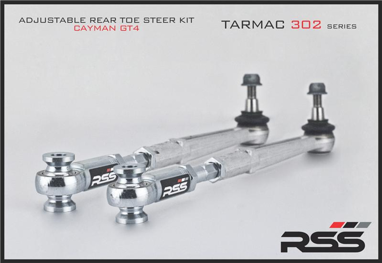 RSS 981 GT4 - TARMAC SERIES ADJUSTABLE REAR TOE STEER KIT (Set of 2) The RSS Adjustable Rear Toe Steer Kit is designed for Porsche GT4 models that have been lowered or have aggressive negative camber settings. This kit will help minimize the suspension geometry change in the REAR of the vehicle. Allows for toe adjustment at the toe steer arm giving the ability to make adjustments independent of the factory eccentric bolts which may not offer sufficient adjustment. Greatly improves handling and feedback. Eliminates rubber bushing deflection. For off road use only. AVAILABLE FOR PORSCHE® 981 GT4 Cayman Models For optional Locking Plate Kit, see our Part #333 For Front Toe/Bump Steer Kit, see our Part #370 For Optional Dust Boots, see our Part # 30178