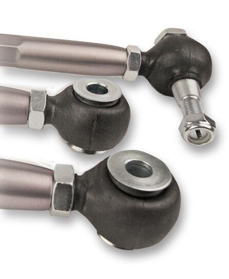 ADJUSTABLE REAR TOE STEER KIT Set of 2. The RSS Adjustable Rear Toe Steer Kit is designed for Porsche models that have been lowered. This kit will help minimize the suspension geometry change in the REAR of the vehicle. Allows for toe adjustment at the toe steer arm giving the ability to make adjustments independent of the factory eccentric bolts which may not offer sufficient adjustment. Allows for bump steer adjustment.
Greatly improves handling and feedback. Eliminates rubber bushing deflection. For off road use only. AVAILABLE FOR ALL PORSCHE® 986, 996, 987 & 997 MODELS INCLUDING TURBO & GT3/GT3RS.
For optional Locking Plate Kit, see our Part #333. For Front Toe/Bump Steer Kit, see our Part #370.