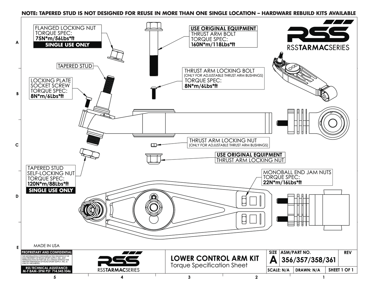 #357 RSS TARMAC SERIES 2-PIECE COMPLETE LOWER CONTROL ARM KIT - Rear Axle (Pair of 2). Fits rear axle (986, 996, 987, 997 All, 981/982/718). Includes: Non Adjustable/Non-Hydraulic Replacement Thrust Arm Bushings, 1mm/2mm/3mm/7mm Shims, Spherical Monoball Ends.** Note: 987, 981, Models may require additional Rear Litronic or Torque Vector Sensor Brackets.


RSS Tarmac Series Motorsport Lower Control Arms are specifically engineered for use on lowered vehicles that have reduced travel struts/dampers If you need assistance in identifying your suspension type please contact us. For specific fitment information refer to the "Chassis Fitment Guide and Lower Control Arm Fitment Notes" (See Images Below).

The RSS Tarmac Series – Motorsports Control Arms are designed for the Porsche driver who demands the absolute maximum in precision handling, feedback and control from their chassis. This system has been specially engineered to provide unmatched performance, quality, strength and serviceability. RSS Tarmac Series Control Arms address the performance related shortcomings of the OEM rubber mounted suspension components which were designed to reduce road noise and vibration for everyday street use. The use of rubber injected moldings in mounting components such as the control arms, thrust arms, upper links and toe arms is a compromise in regards to maximum suspension performance. The soft rubber deflects under suspension load which in turn causes unwanted movement (deflection) between the suspension and chassis. Data also shows that temporary changes in spring rates can occur as well. These movements and changes result in unnecessary corrections and inputs from the driver.

FEATURES & BENEFITS
• Completely Serviceable: For the extreme, repetitive track day enthusiast or racer, our high strength
steel alloy spherical bearings (with a friction reducing, longevity increasing Teflon liner) can be replaced
unlike the motorsports arms, in which case a new set of arms will need to be purchased if the
spherical bearings are worn out.
• Adjustable Suspension Geometry: Adjust dynamic camber values and roll center heights with our
unique zinc plated steel bushings.
• Solid Monoball Control Arm Ends: Offers better handling and a more responsive suspension over the
factory one-piece rubber injected control arm by eliminating bushing deflection (also uses the same
high strength steel alloy spherical bearing found in our control arm monoball kit).
• 6061 Aerospace Grade Billet Aluminum Construction: Allows for a more uniform molecular structure
at every point of the arm over the cast components providing a more durable and inherently
stronger part. Manufacturing from billet aluminum rather than casting results in fewer impurities in
the metal.
• Anodized Aluminum Surfaces and Zinc Plated Steel Parts: Allows for better corrosion resistance
against the elements.
AVAILABLE FOR MOST 996, 986, 981, 982, 987 & 997 MODELS INCLUDING TURBO, GT2, GT2RS, GT3 & GT3RS

RSS TARMAC SERIES Motorsports Suspension Kits have been winning championships and races in various forms of motorsport (Road Racing to Rally) around the world. RSS is the suspension of choice of professional race teams, tuners, track day junkies, and driving enthusiasts around the world.

- 2015 PIRELLI WORLD CHALLENGE TC CHAMPIONS

- 2014 FIA SPANISH RALLY TARMAC CHAMPIONS

- 2013 ROLEX GRAND-AM GX CHAMPIONS

RSS High Performance Tarmac Series Suspension Components are designed, engineered and manufactured on location here in the USA.