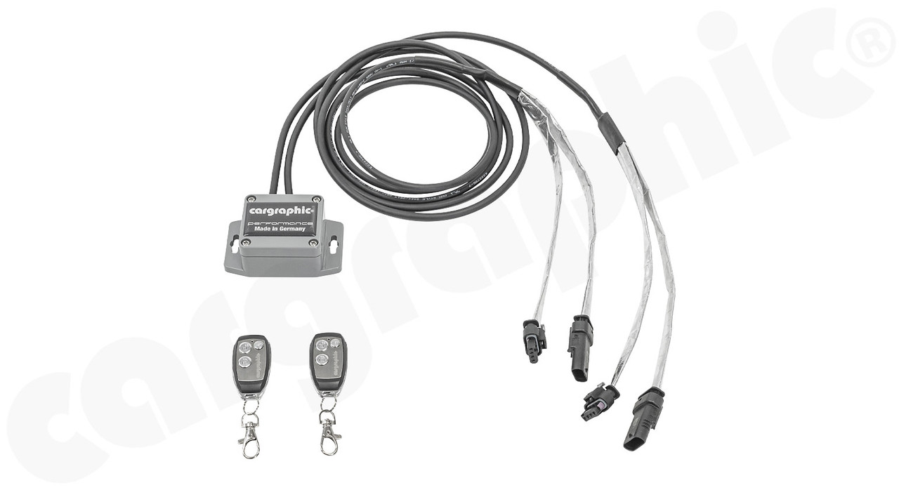 Product description:
CARGRAPHIC performance 3-Mode Exhaust Valve Control Unit - Version for electronic exhaust valves, 4-pole with SBS actuators.

Consisting of:

CARGRAPHIC performance exhaust valve control unit
4-pole wiring for connection to factory SBS actuators
2x CARGRAPHIC remote controls

Fits for:
Porsche models equipped with 2 (dual) factory electronic exhaust valves and SBS actuators:

Porsche Macan 95B.2 (Facelift), all 6-cylinder models
Porsche Cayenne Type E3, all models
Porsche Cayenne Coupé Type E3, all models
Porsche Panamera 971, all petrol models
Porsche 991.2 Speedster 4.0l
Porsche 991.2 GT3 RS 4.0l with OPF
Porsche 992 GT3 4.0
Porsche 992 GT3 RS 4.0

Export Version - Motorsport use only - No approval for use under road traffic regulations

Features:

Factory control function remains active
Connection using OEM plugs
Easy installation
Traceless removal
Full control of your exhaust valves
High quality remote controls with CARGRAPHIC logo
Programmable start mode - engine start with open or closed exhaust valves

How it works:
The CARGRAPHIC valve control unit is installed between the exhaust valves and the factory control unit. It takes over / overlays the control function of the standard control unit and operates with 3-modes:

SPORT mode: valves always open
COMFORT mode: valves always closed
AUTOMATIC mode: factory control is reactivated

PERFORMANCE - Made in Germany

Attention:
Permanent closing of the exhaust valves, especially under full power, can lead to engine damage.
Example pictures - Actual product may vary depending on model version.

National and International Regulations and Requirements:
The CARGRAPHIC portfolio includes components that may be affected by national and international emissions regulations. CARGRAPHIC places great importance on providing accurate information about the compliance of our products with the respective regulations and clearly indicating whether they are approved exclusively for racetrack use or also for public road use. However, if there is no specific declaration regarding a product's intended use, CARGRAPHIC makes no assurance regarding its compliance. It is fundamentally the buyer's responsibility to select the appropriate product for the intended purpose and verify whether its use complies with local regulations and requirements. As regulations may change, we recommend regularly visiting our website to ensure the chosen product meets current legal requirements. Make sure that the product is installed according to the installation instructions and operated in compliance with all applicable local regulations.