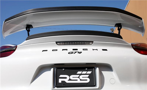 RSS - CarbonAero Kit # 253 for 981 GT4. Includes DUCK TAIL EXTENSION located underneath rear main wing. Aesthetically pleasing and aggressive in appearance, WING EXTENSIONS have a functional purpose with direct benefits on street and motorsports applications. Designed with the latest CAD technology, constructed to exacting standards with pre-preg 2×2 Carbon Fibre Twill, finished in a Matte Clear Coat with UV inhibitors, adhere with 3M VHB tape for easy application and removal, and are 100% Manufactured in USA. Components are of the highest quality and are guaranteed to fit.• Produce down force by deflecting oncoming air upward resulting in a net down force on the rear of the vehicle • Can be used to balance and tune front to rear down force levels 