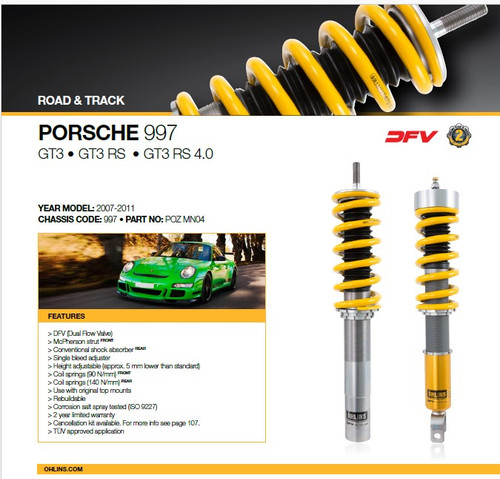 > DFV (Dual Flow Valve)
> McPherson strut FRONT
> Conventional shock absorber REAR
> Single bleed adjuster
> Height adjustable (approx. 5 mm lower than standard)
> Coil springs (90 N/mm) FRONT
> Coil springs (140 N/mm) REAR
> Use with original top mounts
> Rebuildable
> Corrosion salt spray tested (ISO 9227)
> 2 year limited warranty
> Cancellation kit available. For more info see page 107.
> TÜV approved application