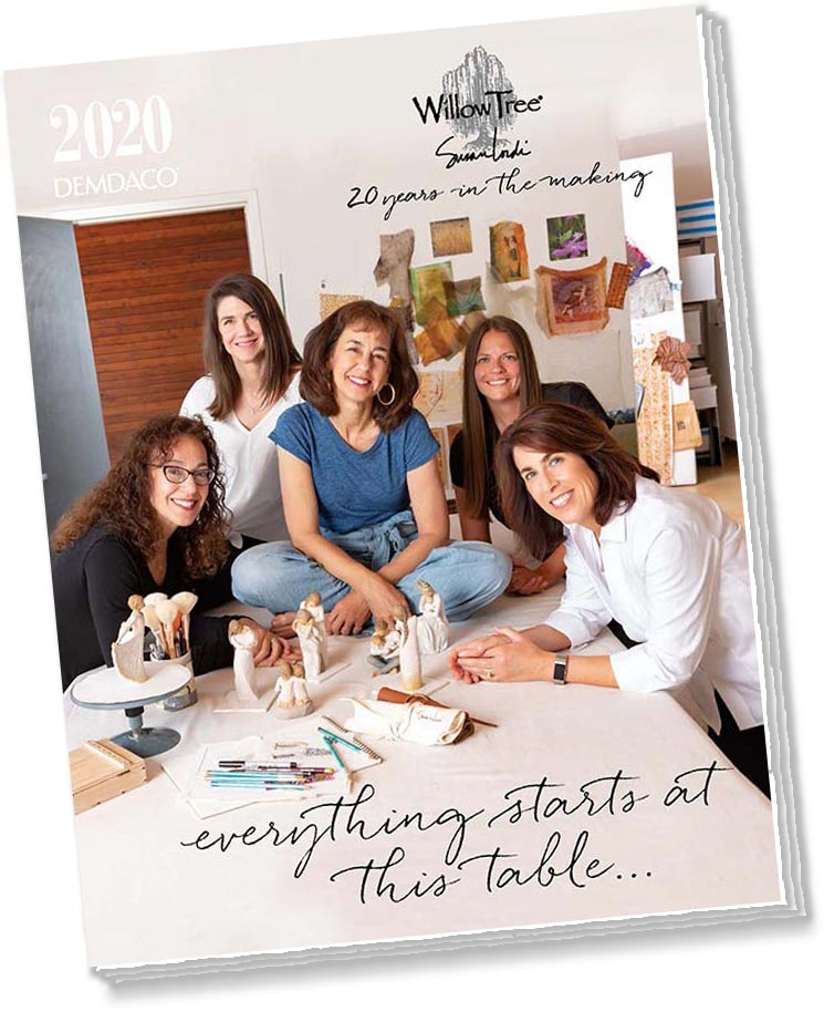 Brochure with a picture of five women at table in an art studio. Willow Tree, twenty years in the making. Everything starts at this table...