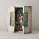 Small wooden open standing box with starry nativity scene inside carved in