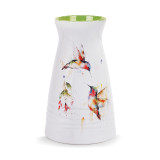white vase with green inside and painted hummingbirds on outside