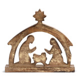 wooden stand displaying upright Nativity scene, all made of wood