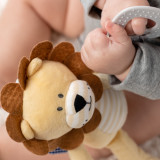 A baby holding a lion "Activity Teether Buddy".