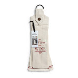 A button loop cream tea towel and cream fabric overlay that says "Will Cook for Wine". The button loop and top of the towel is cream with a brown button and a product information tag attached.