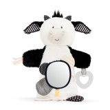 A plush black and white cow activity puppet.