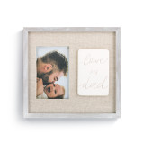 A light wooden frame with a tan center, a family photograph, and an ivory square that states "love my dad".