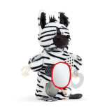 A side view of a plush black and white striped zebra activity puppet.