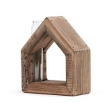 The side view of a  wooden bud case in the shape of a house.