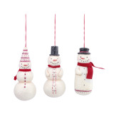 Three red and white paper pulp snowman ornaments.