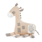 A plush tan giraffe with brown and white stripes and a sentimental message on an ivory patch.