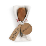 A wooden wine stopper wrapped in a white wine bottle bag with white thread and two cardboard product tags.