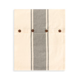 A simple ivory infinity loop towel with four wooden buttons, and three gray stripes.