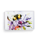 A white rectangular ceramic tray with a watercolor painting of a bumblebee on a flower.