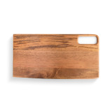 A mango wooden rectangular serving board with a small rectangular handle cut out.