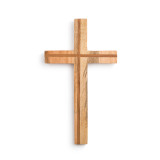 A slim light washed wooden decorative wall cross, with a darker wooden cross in the center of the wood.