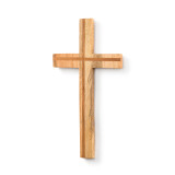 A left facing view of a slim light washed wooden decorative wall cross, with a darker wooden cross in the center of the wood.