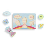 A simple wooden magical-themed puzzle with five pieces. A unicorn, bird, butterfly, cloud, and sun. With the pieces removed to show hidden messages.