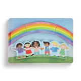 A simple wooden puzzle of six multiracial children holding hands underneath a large rainbow.