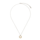 A silver necklace with a gold and silver intertwined circle charm.