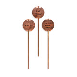 A set of three metal plant stakes with straight sticks and circles at the top with funny garden related messages.