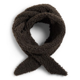 A charcoal colored sherpa scarf loosely coiled against a white background.
