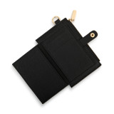 A black mini wallet with the front flap open to show the card holder slots displayed on a white background.
