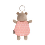 The back view of a pink and brown plush bear fabric book with a clip at the top to attach to a stroller.