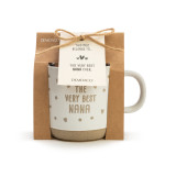 A cream mug that says "The Very Best Nana" packaged in brown cardboard and tied with twine and a DEMDACO label.