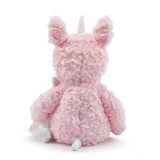 A back view of a pink plush unicorn in a sitting position.