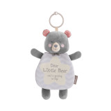 A gray plush bear fabric book with a clip at the top to attach to a stroller titled "Dear Little Bear".