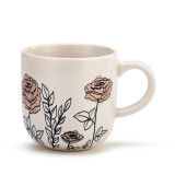 The backside of a cream coffee mug with several simple black and light pink roses stemming from the base.
