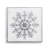 A gray metal wall decor piece, with a white frosted snowflake image.