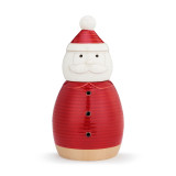 A textured red Santa cookie jar, with the body as the jar and the head as the lid. The lid is placed on top of the jar.