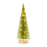 An illuminated bottle brush green Christmas tree, with a gold star base.