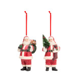 A set of two large paper pulp Santa ornaments, one holding a green sack filled with presents, and one holding a Christmas tree and a stocking. Each with a red ribbon string.