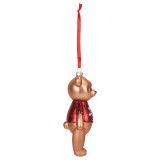 Right profile view of a blown glass ornament of a light brown little bear, wearing a red shirt with a large white snowflake. The ornament is hanging on a red ribbon.