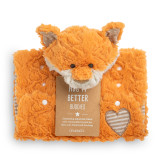 A clasped plush, orange fox "Hug It Better Buddy" with a brown and gray striped inner lining and clear snaps, displayed with a product tag attached.